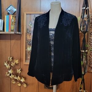 Garnet Hill Black Velvet Floral Embroidered Cardigan